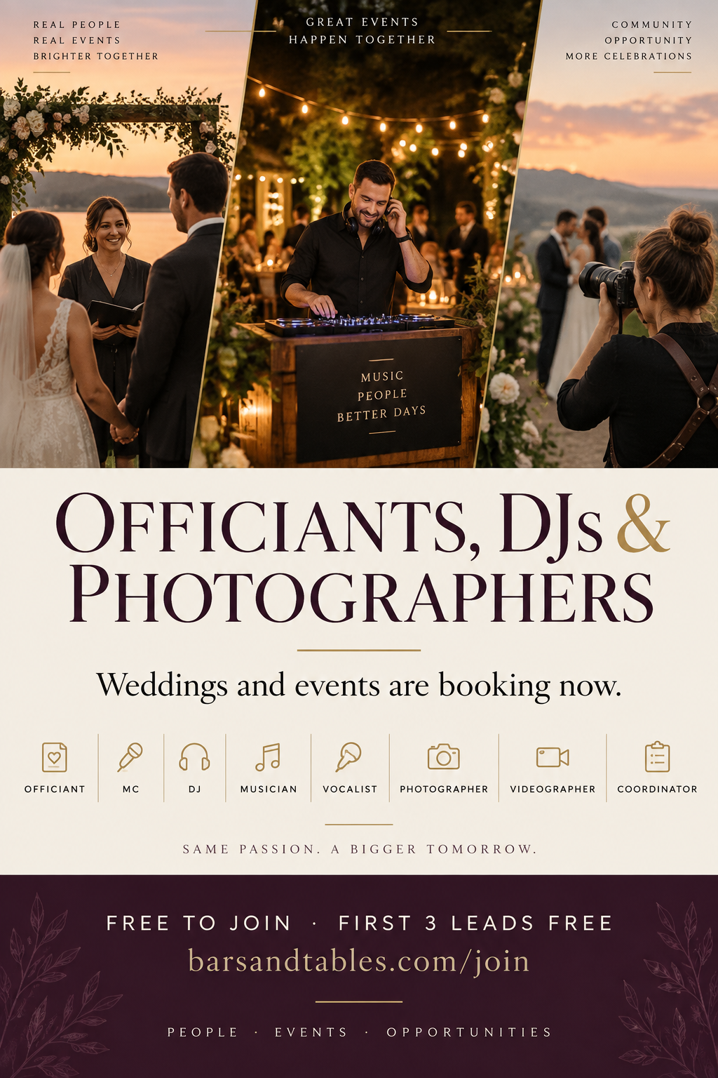 Officiants, DJs and photographers