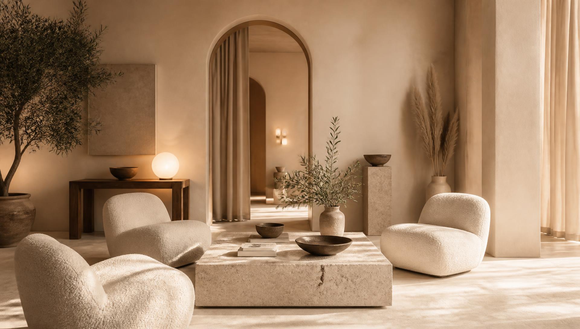 Organic luxury interior with travertine table, bouclé chairs and alabaster lighting
